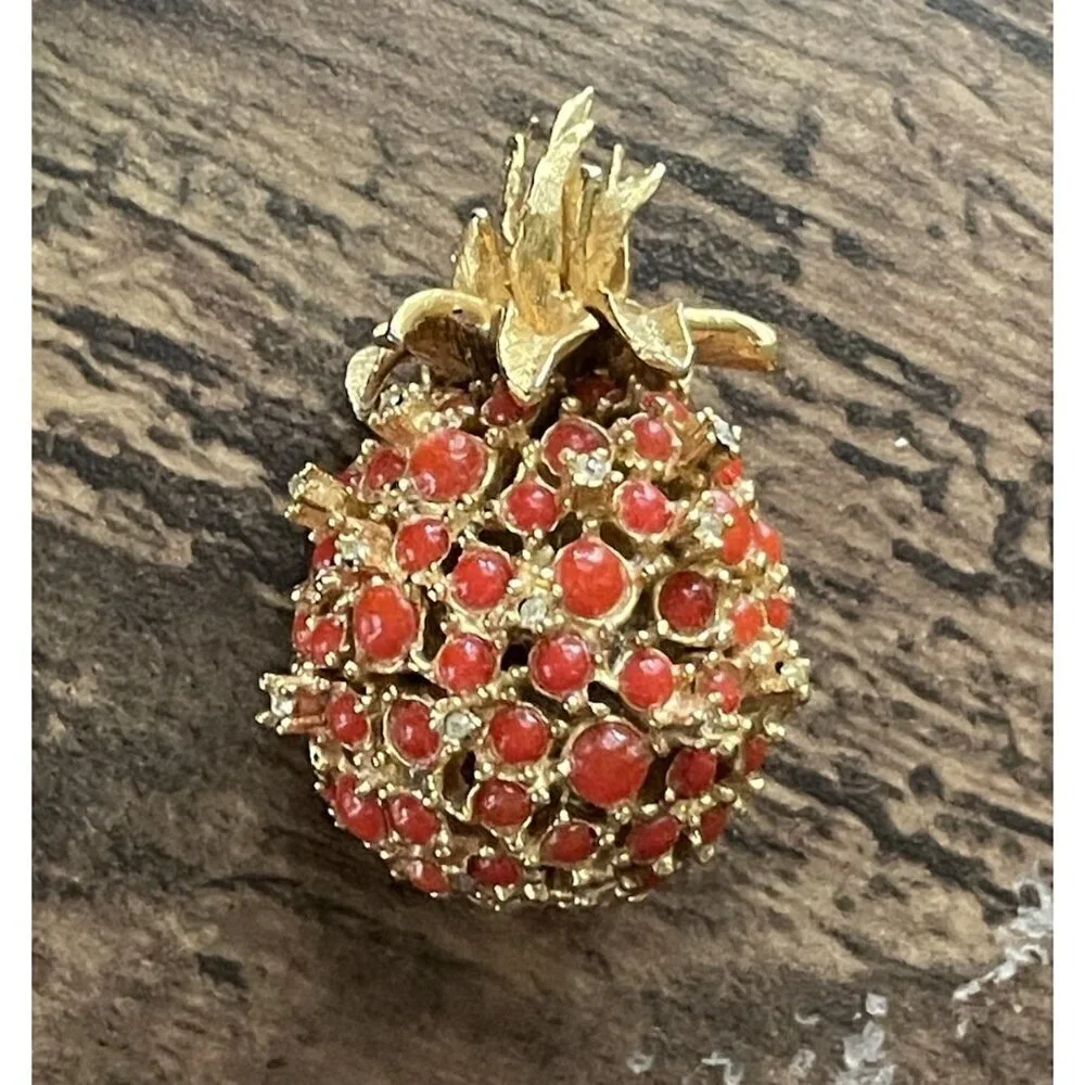 Vintage Alice Caviness Pineapple Brooch Gold Tone Faux Coral Rhinestone Pin